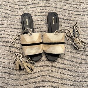 Kaanas Black and Cream Striped Slide Sandals
